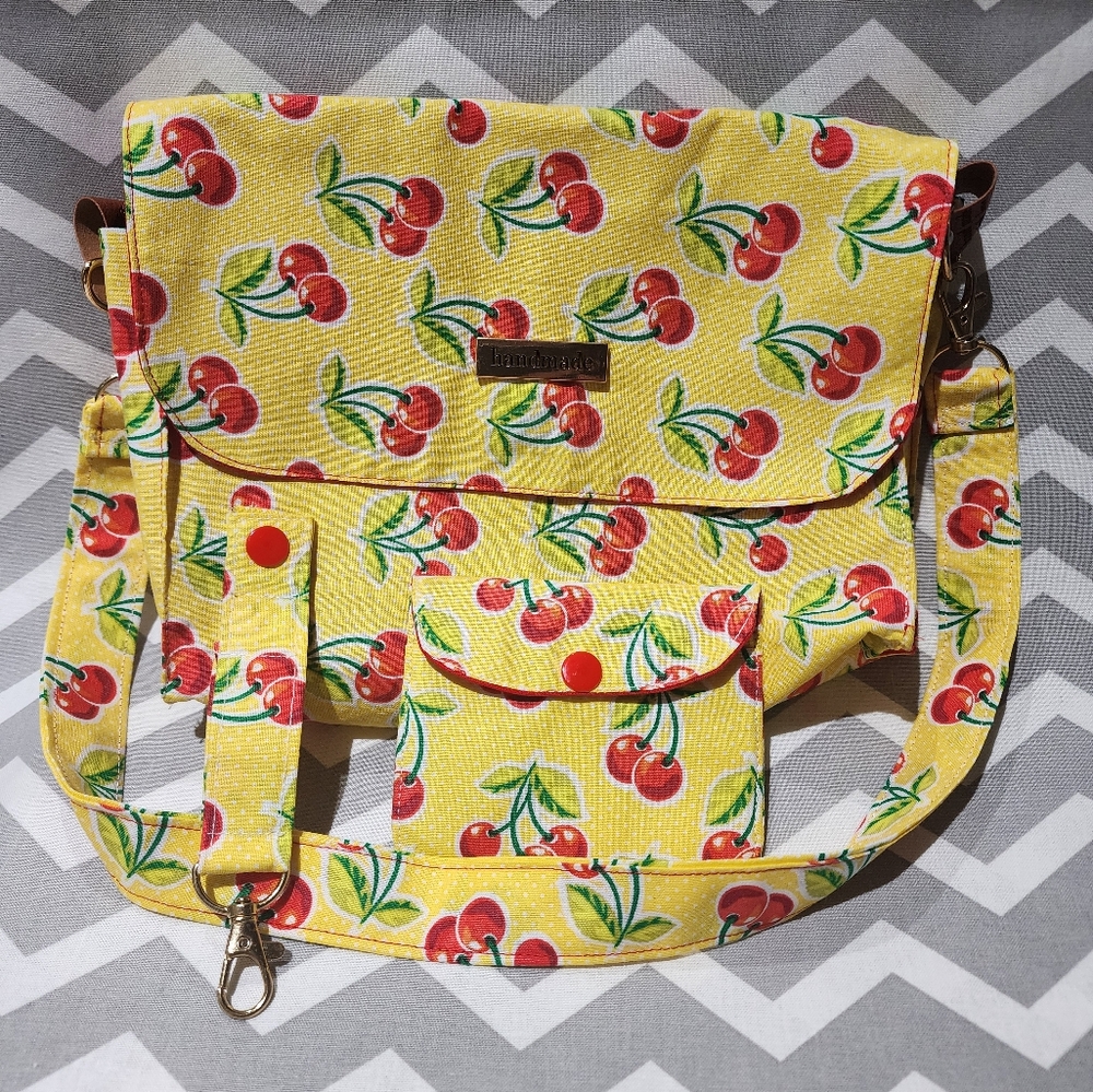 Handmade Cherry Print Yellow Red Crossbody Bag